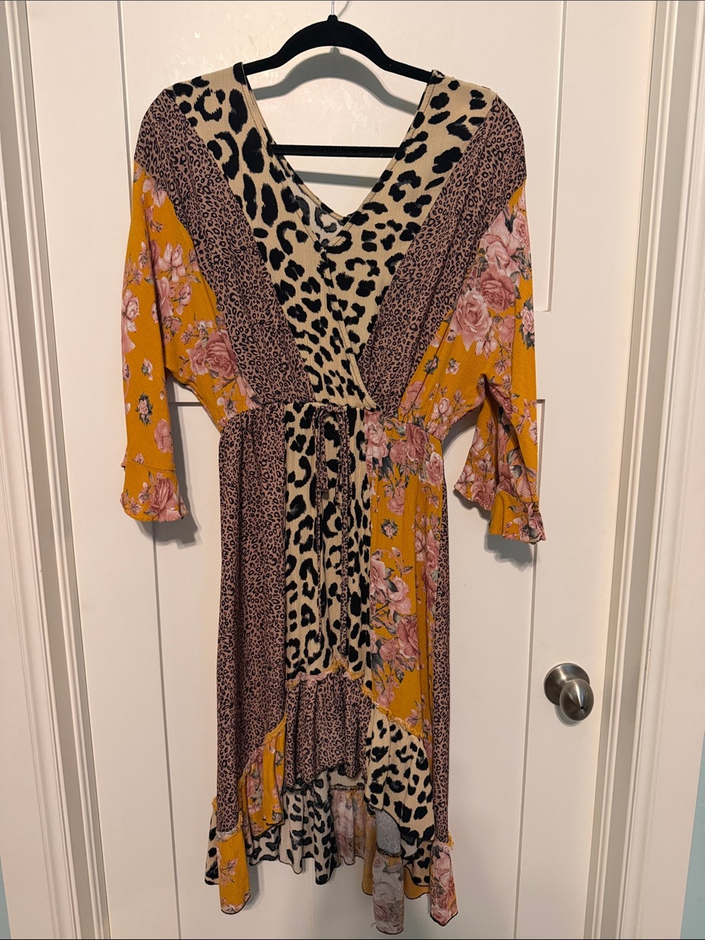 GiGiO Mixed Print Mustard Yellow V-Neck Midi Cottagecore Dress with Tie Waist